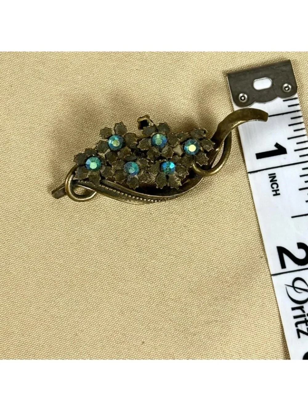 Vintage Art Nouveau Revival Floral Brooch Antique Bronze AB Rhinestone C39